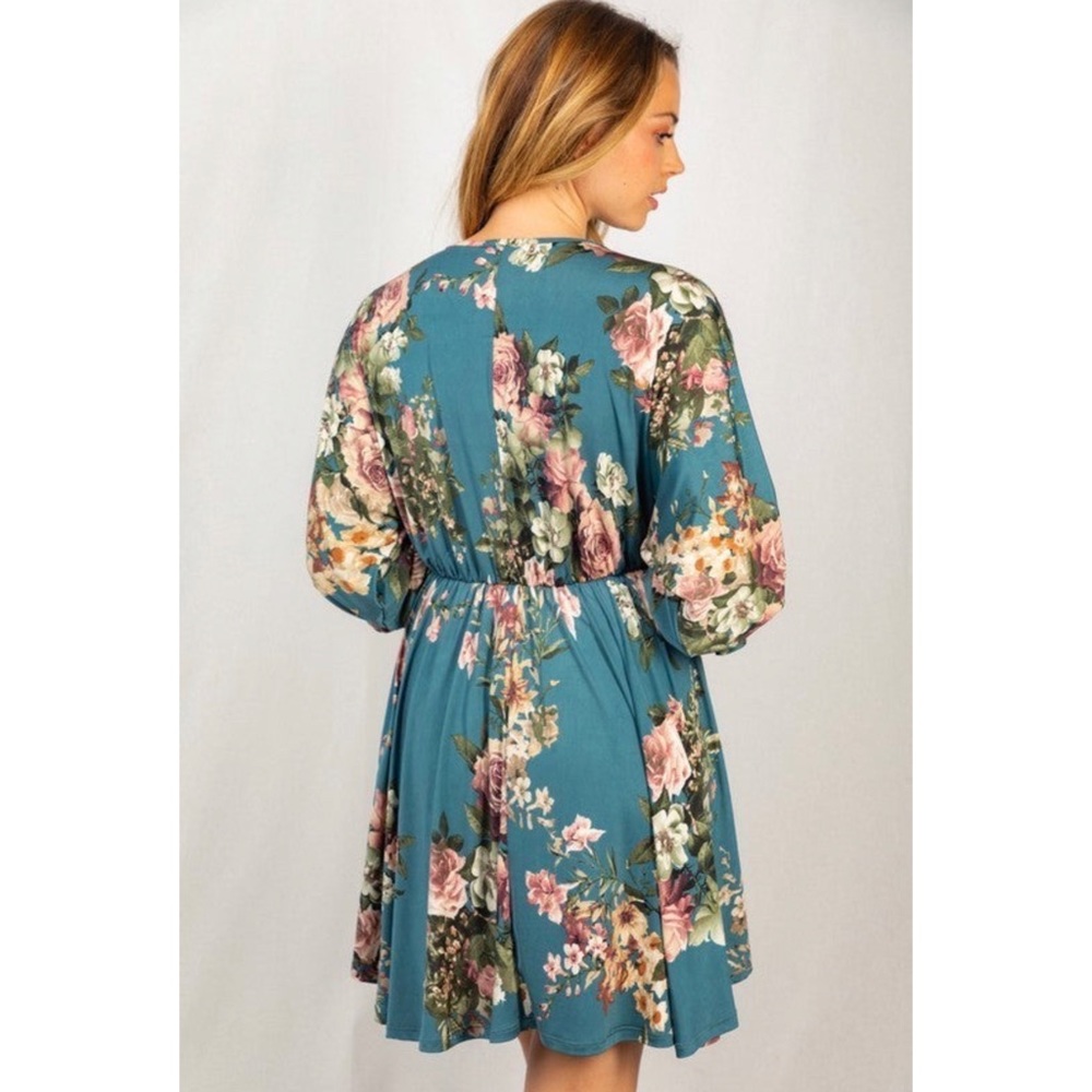 1 LEFT! V Neck Floral Jade Women’s Spring Fall Dress - Picture 2 of 4
